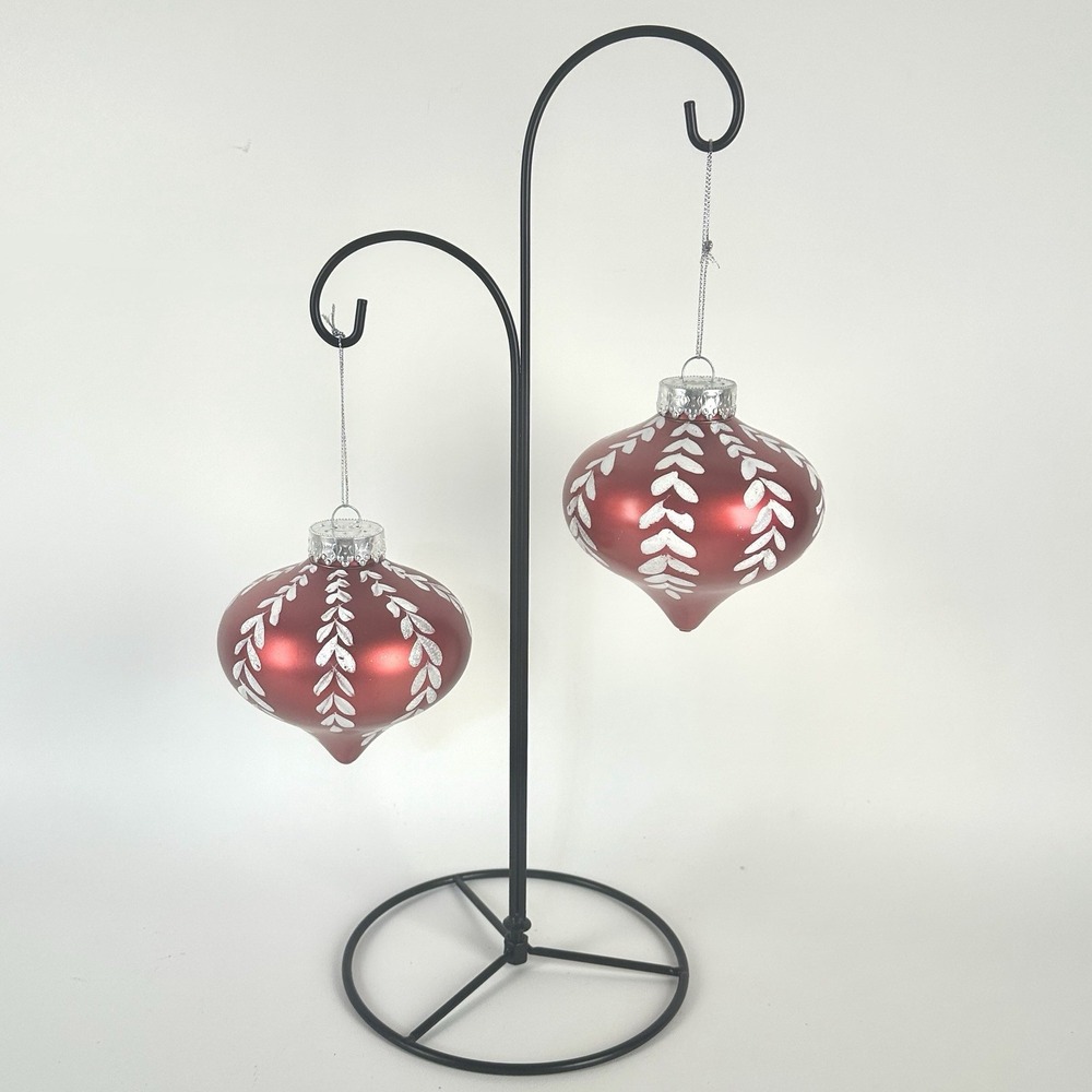 Vintage G&D Blown Glass Red & White Onion Shape Ornaments Hand painted Set Of 2